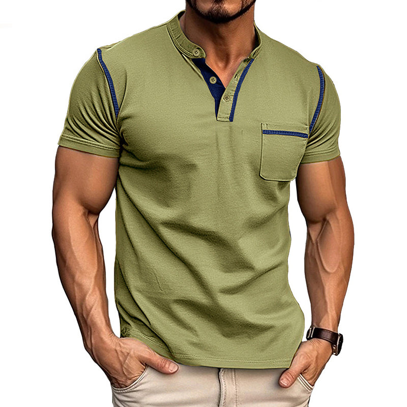 Men's Casual Colorblock Henley Collar Short Sleeve T-Shirt