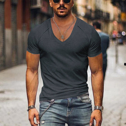 Men's Waffle Solid Color V Neck Solid Color T-Shirt