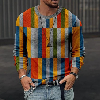 Men's Vintage Rainbow Print Long Sleeve Crewneck T-Shirt