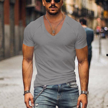 Men's Waffle Solid Color V Neck Solid Color T-Shirt