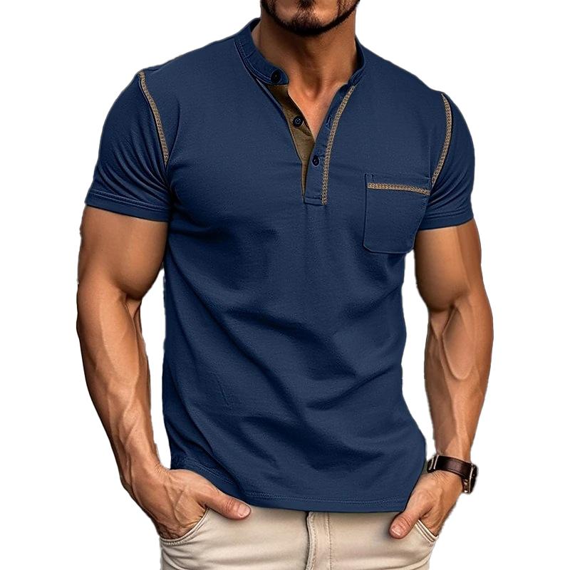 Men's Casual Colorblock Henley Collar Short Sleeve T-Shirt