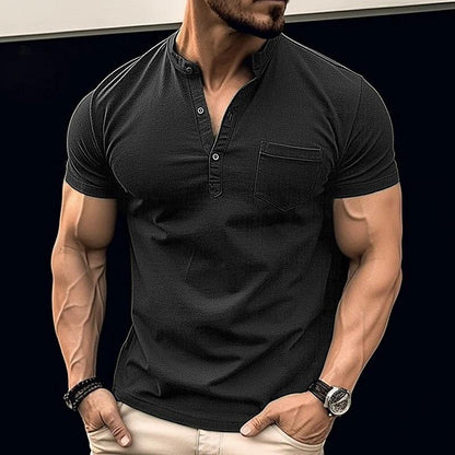 Men's Casual Solid Color Chest Pocket Stand Collar Short Sleeve Henley T-Shirt