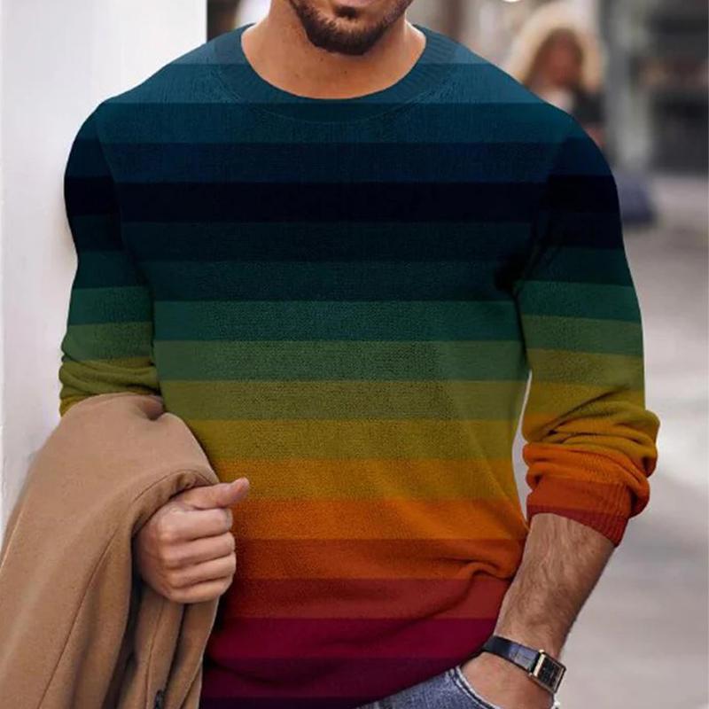 Men's Vintage Rainbow Print Long Sleeve Crewneck T-Shirt