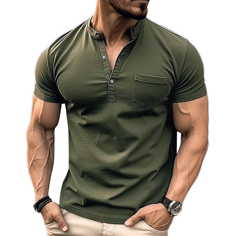 Men's Casual Solid Color Chest Pocket Stand Collar Short Sleeve Henley T-Shirt