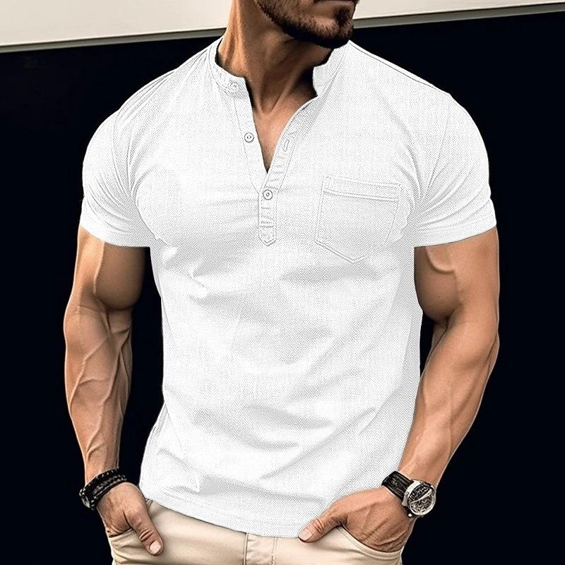 Men's Casual Solid Color Chest Pocket Stand Collar Short Sleeve Henley T-Shirt