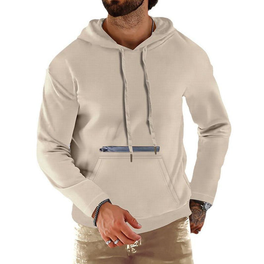 Men's Solid Waffle Zip Decor Long Sleeve Hoodie